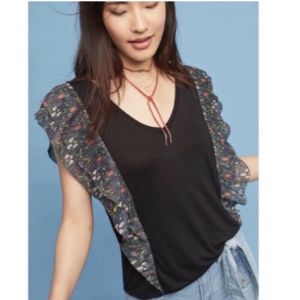 Vanessa Virginia Black Floral Sparkly Metallic Pleated Ruffle Sleeve Top